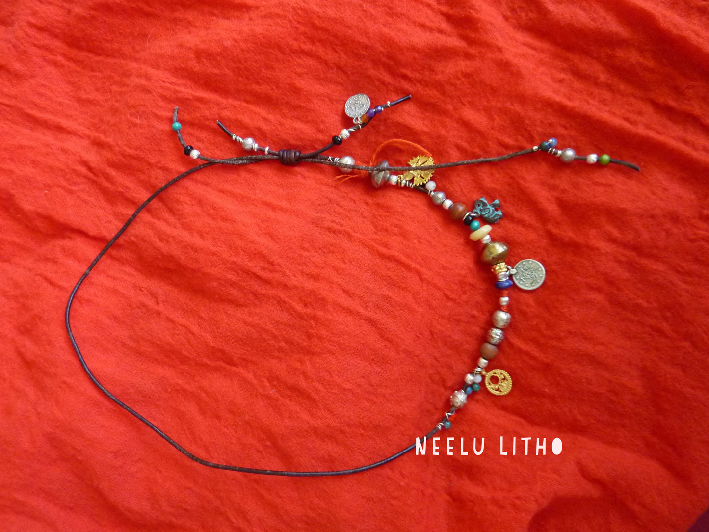 Collier bracelet de belle gitane - cuir perles argent sterling perles tribales, ethniques, breloques, pierres naturelles, pièce unique