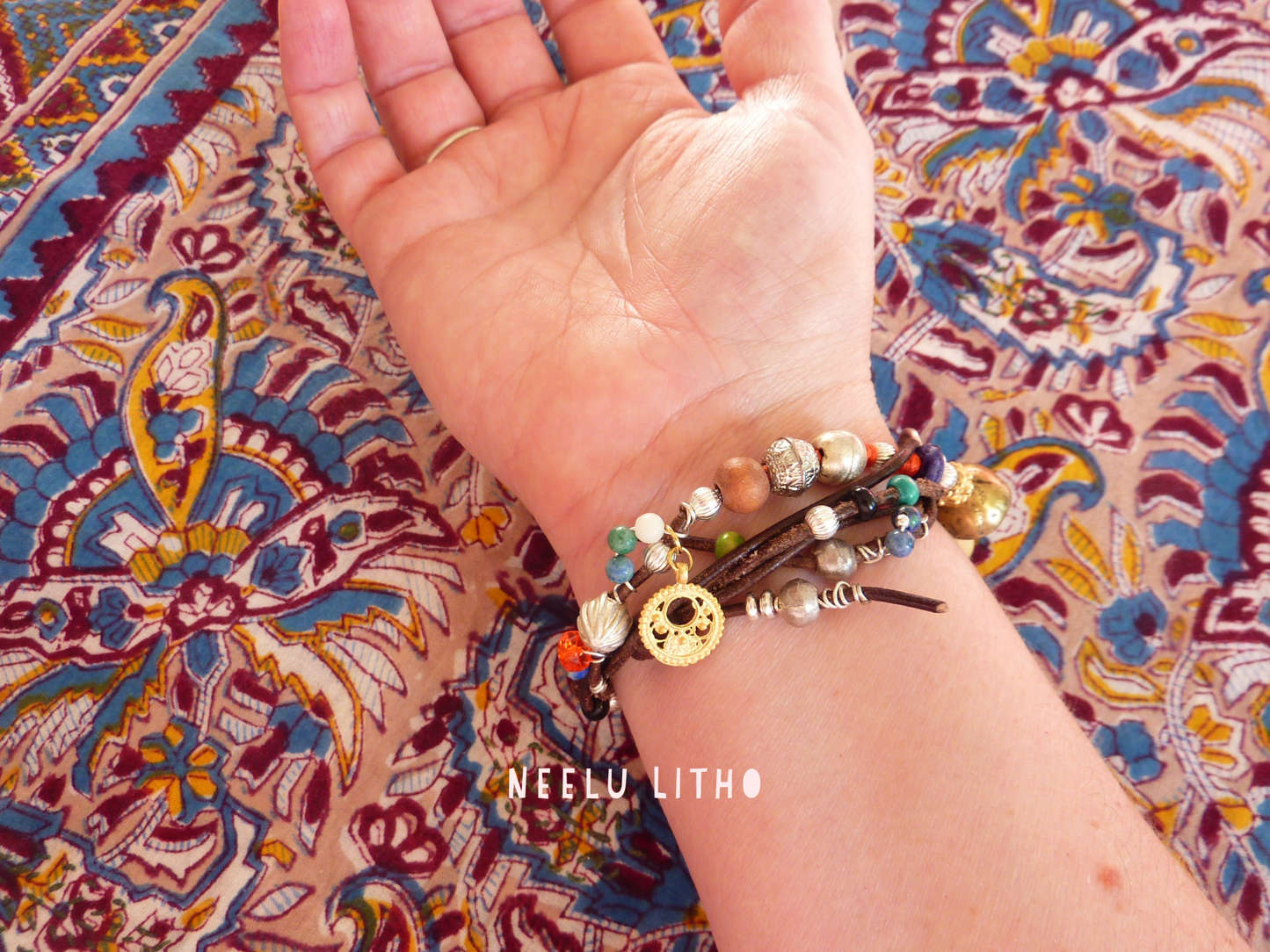 Collier bracelet de belle gitane - cuir perles argent sterling perles tribales, ethniques, breloques, pierres naturelles, pièce unique